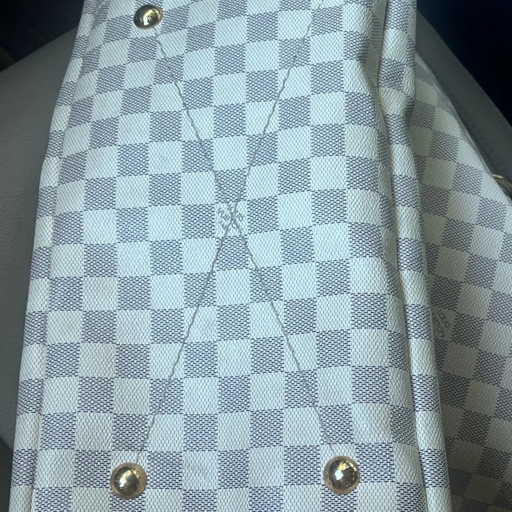 Louis Vuitton Cream Checkered Shoulder Tote with Tan Leather Handle